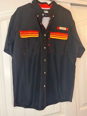 Magellan Outdoors Black Short-Sleeve Button-Down Shirt with Red & Yellow Accents